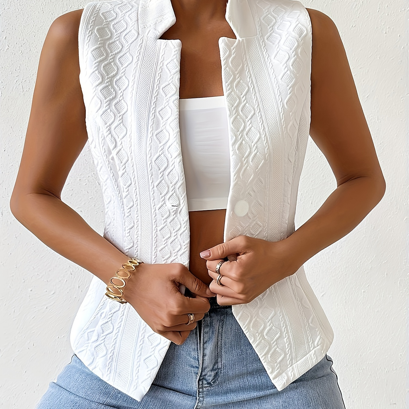 

Textured Single Breasted Vest, Elegant Notched Collar Vest For Spring & Fall, Women's Clothing