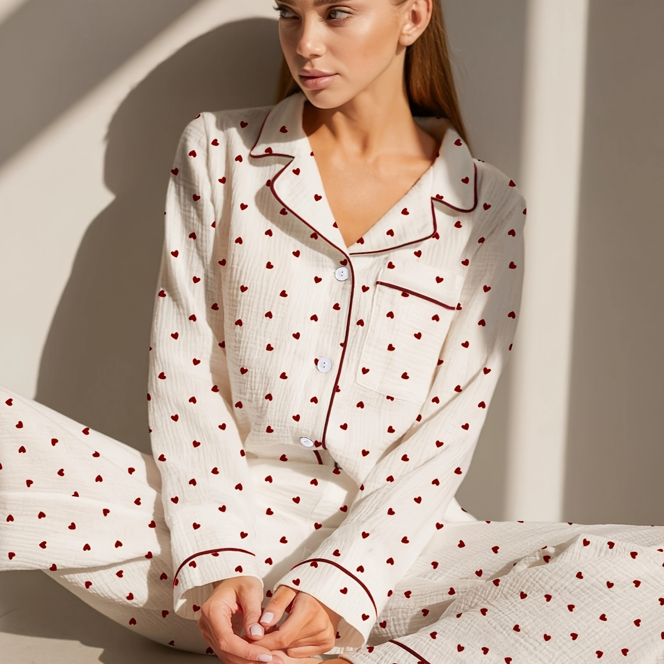 

Women's Long Sleeve Button-up Pajama Set, Polyester Woven Basics, Fit, With Lapel Collar And Heart Print, For All