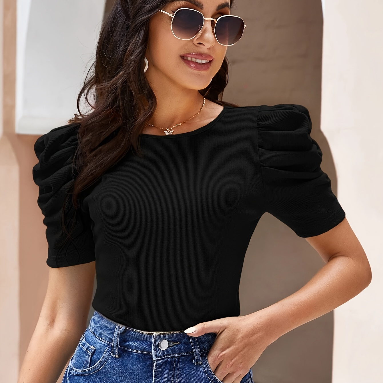 

Solid Crew Neck T-shirt, Elegant Puff Sleeve Top For Spring & Summer, Women's Clothing