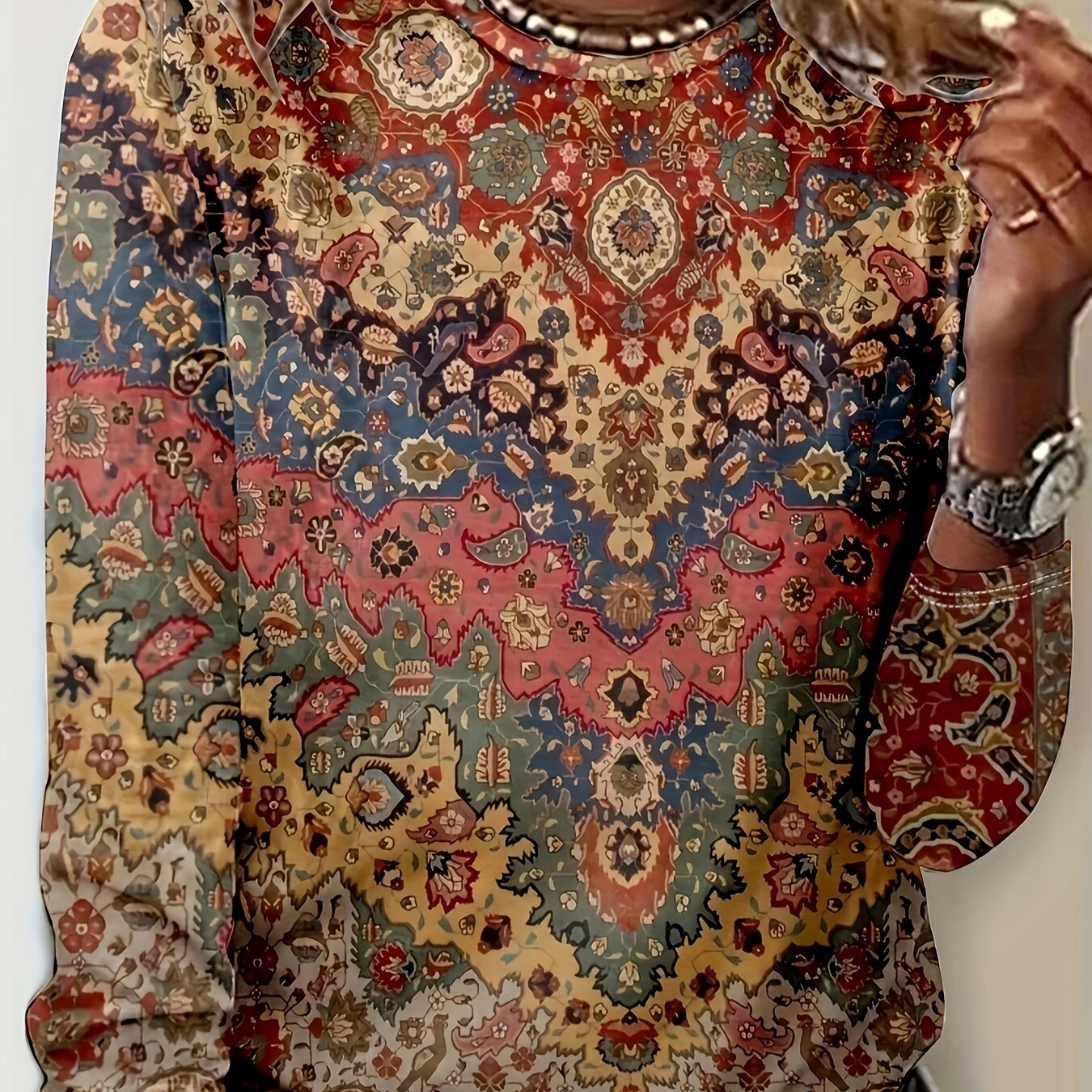 

Tribal Print Long Sleeve T-shirt, Casual Crew Neck Top For Spring & Fall, Women's Clothing