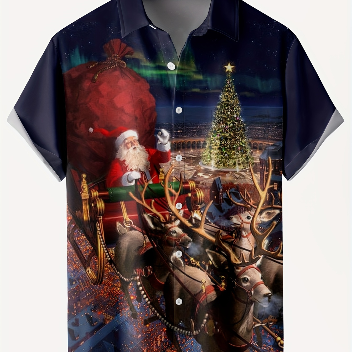 

Christmas Santa & Elk Cartoon 3d Print Men's Stylish Short Sleeve Lapel Shirt For Summer Party