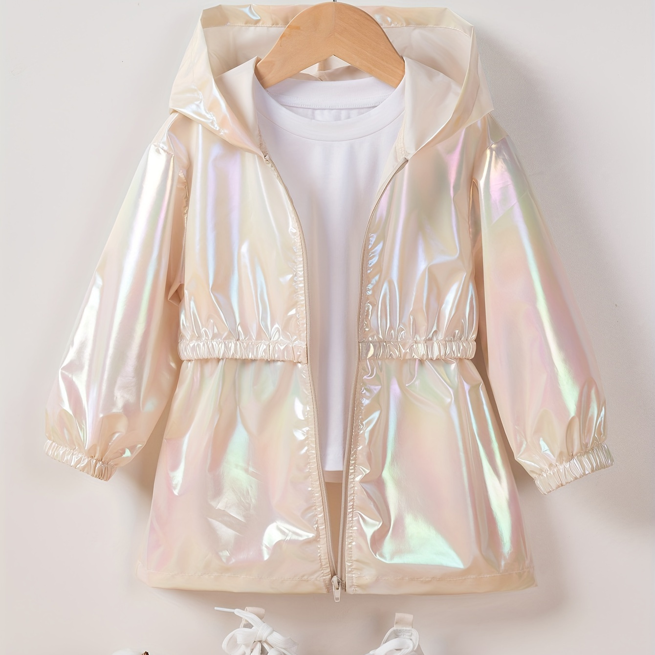 

Adorable Shiny Jackets For Girls, Lightweight Zipper Hoodie Mid-length Trendy Thin Windbreaker For Party Going Out