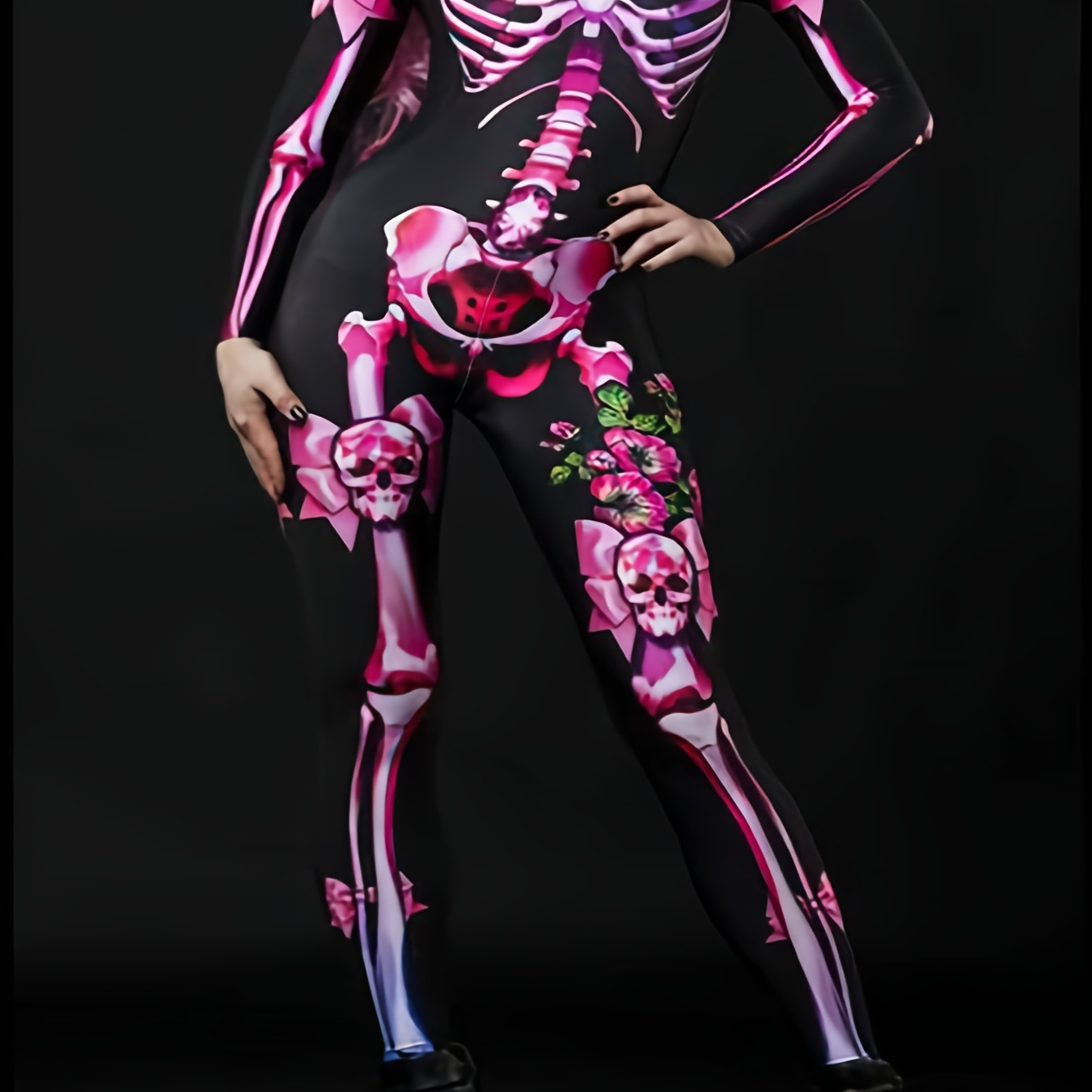 

Plus Size Costume Long Sleeve Tight-fitting Bodysuit With Polyester And Elastane, Random Print, Autumn/winter