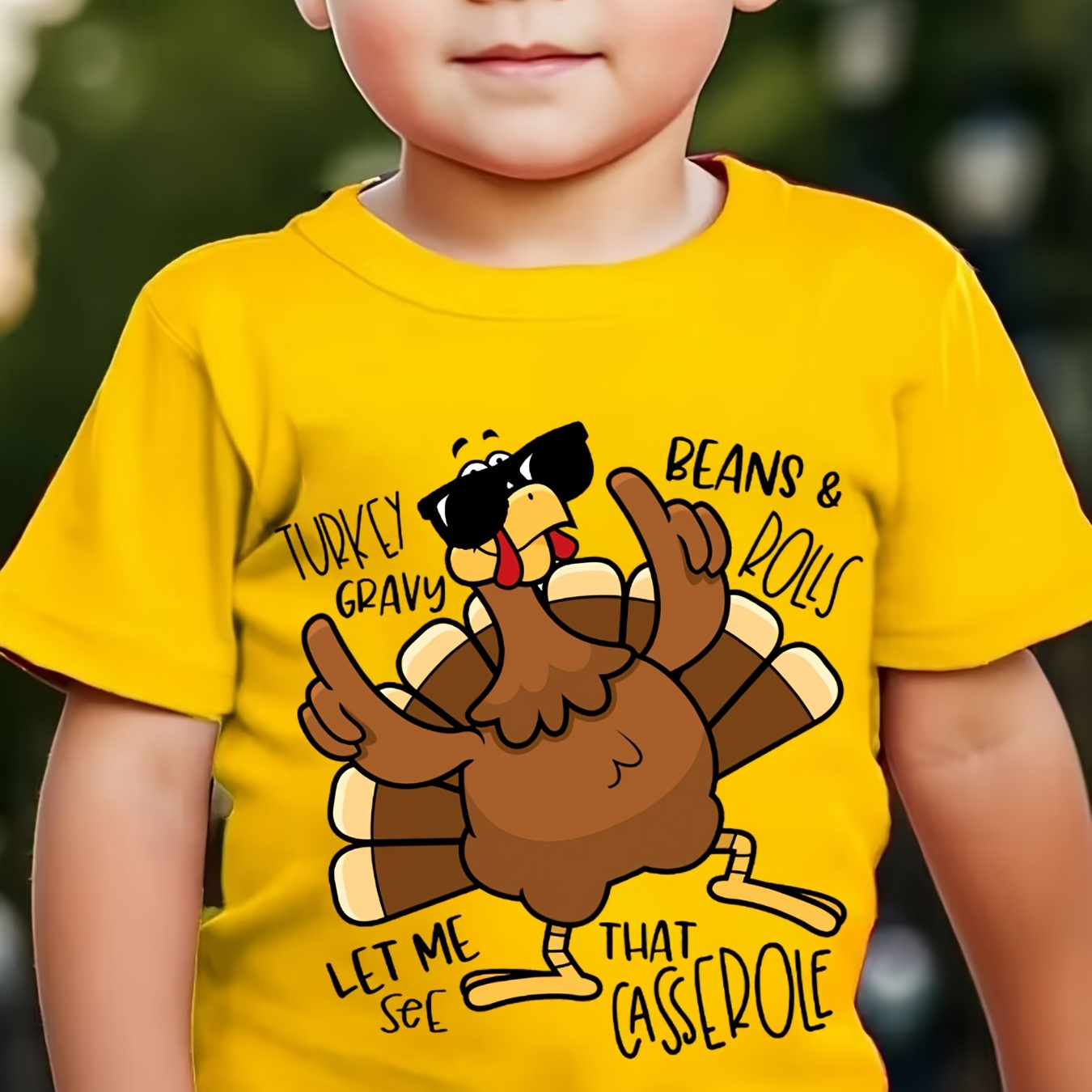 

Turkey Gravy Beans & Rolls Kids' T-shirt - Festive Thanksgiving Print, Polyester Blend, Regular Fit, Round Neck, Animal Design, Suitable For Boys 12 And Under