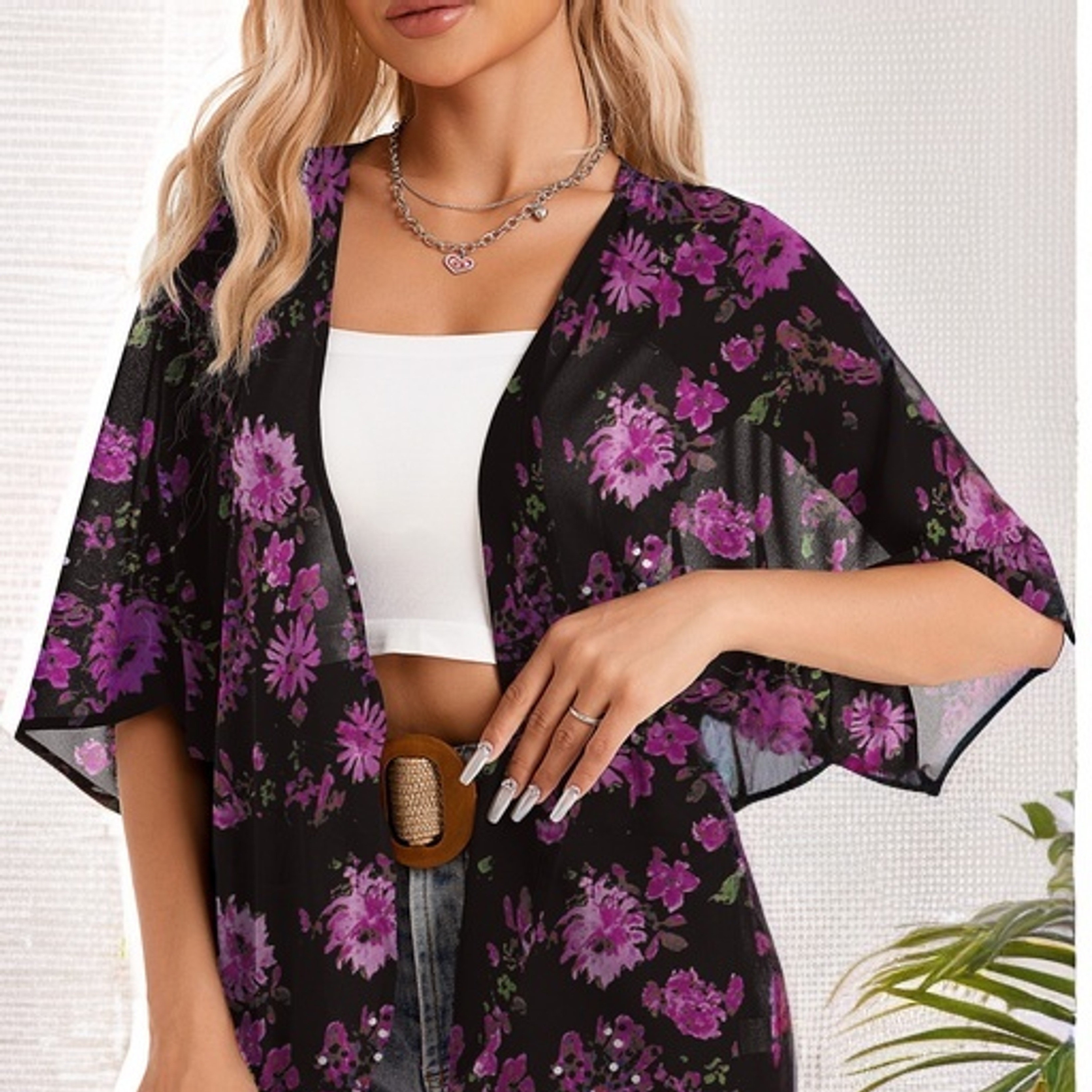 

Women's Floral Print Kimono Cardigan, Casual Loose Cover-up, Batwing Sleeve, Open Front, Fashion Top, Summer Wear, Beachwear, Lightweight Shirt