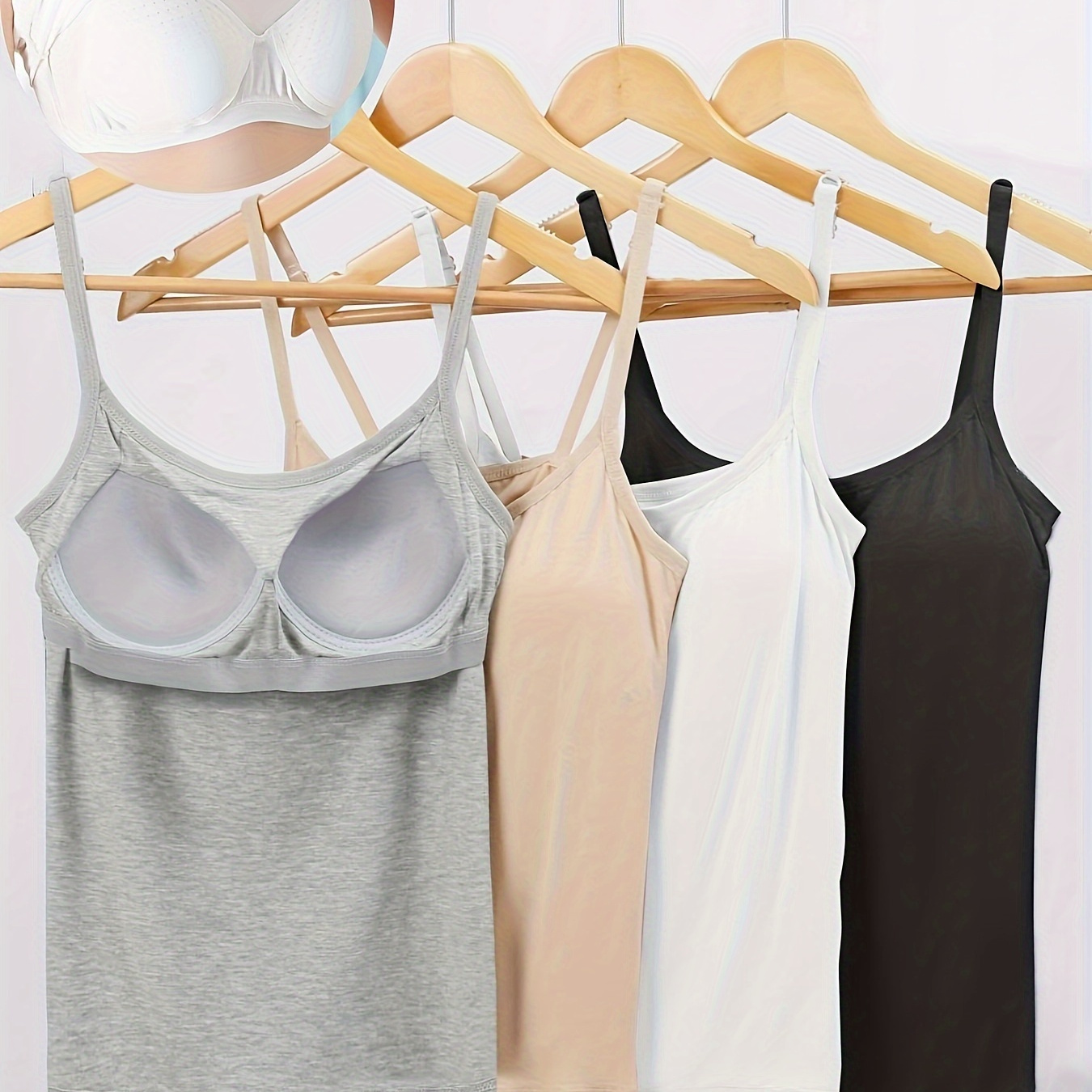 

4-pack Women's Soft Camisole Tank Tops With Built-in Bra, Adjustable Straps, Seamless, Fashion Essentials, Casual Wear, Layering & Outdoor, Multicolor (black, White, Grey, Nude)