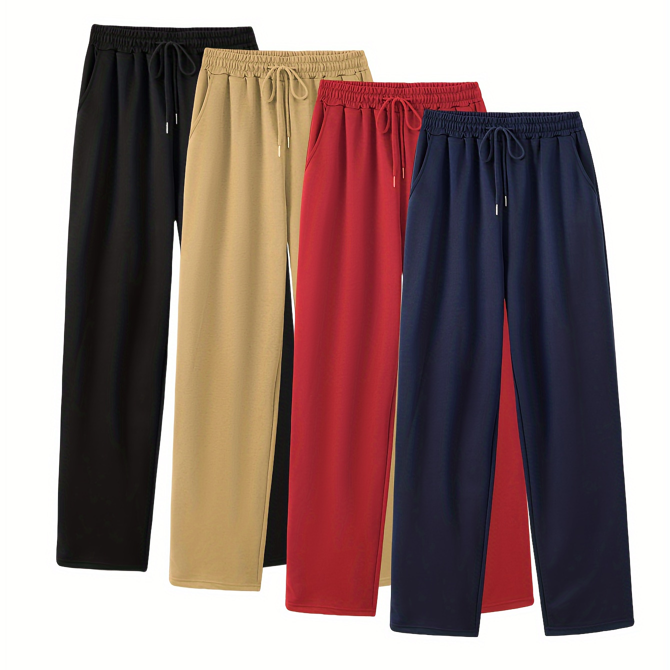 

4-Pack Pantalons de sport décontractés de couleur unie pour femmes, pantalons à cordon de serrage à taille élastique avec poches, pantalons de course en polyester tricoté toutes pour adultes