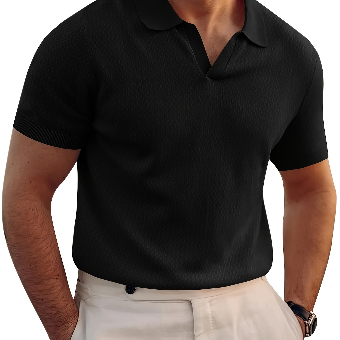 

Mens Knitted Polo Shirt Muscle Short Sleeve V Neck Stretch Casual Slim Fit Vintage Ribbed Golf T-shirt