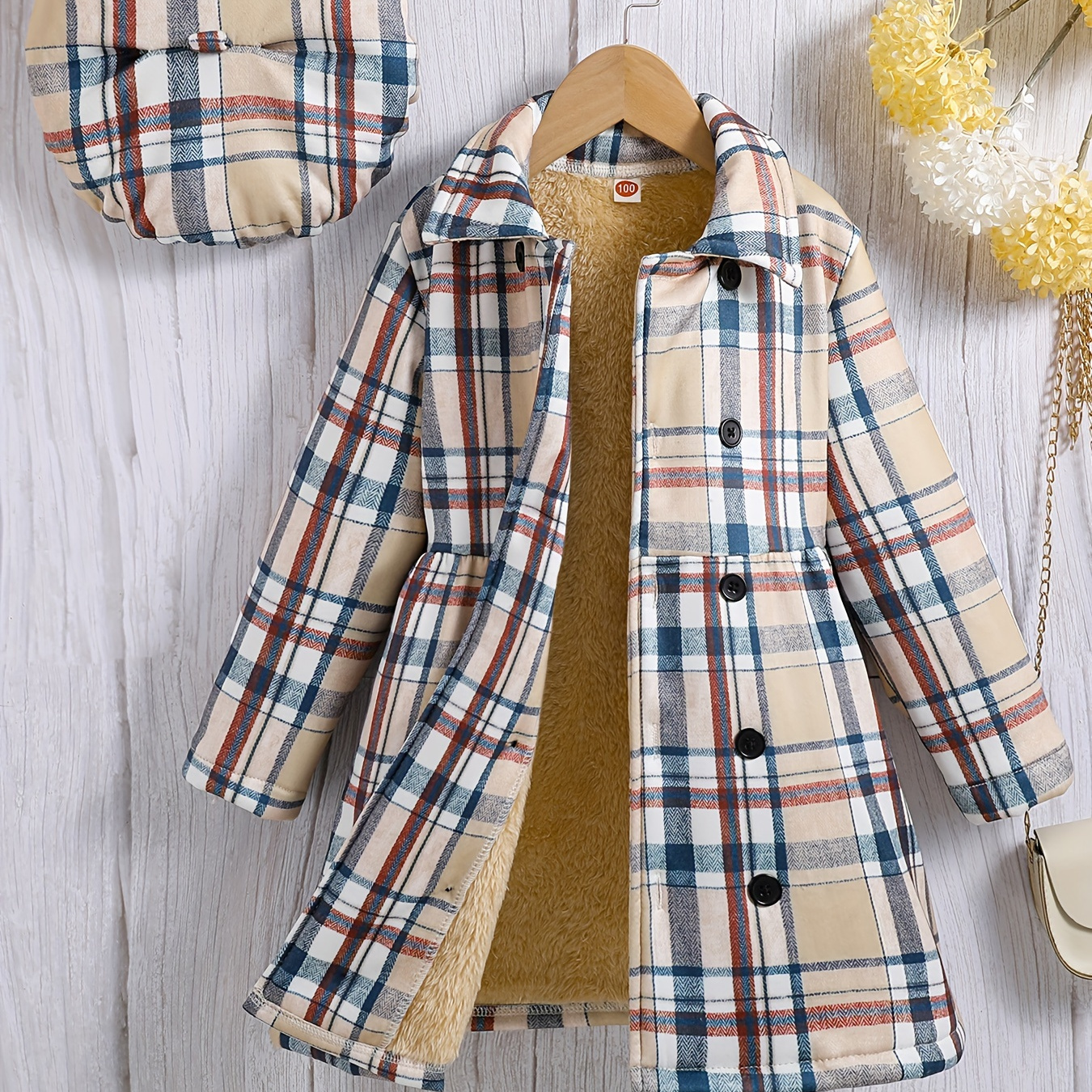 

Girls Classic Plaid Print Teddy Fleece-lined Coat & Beret