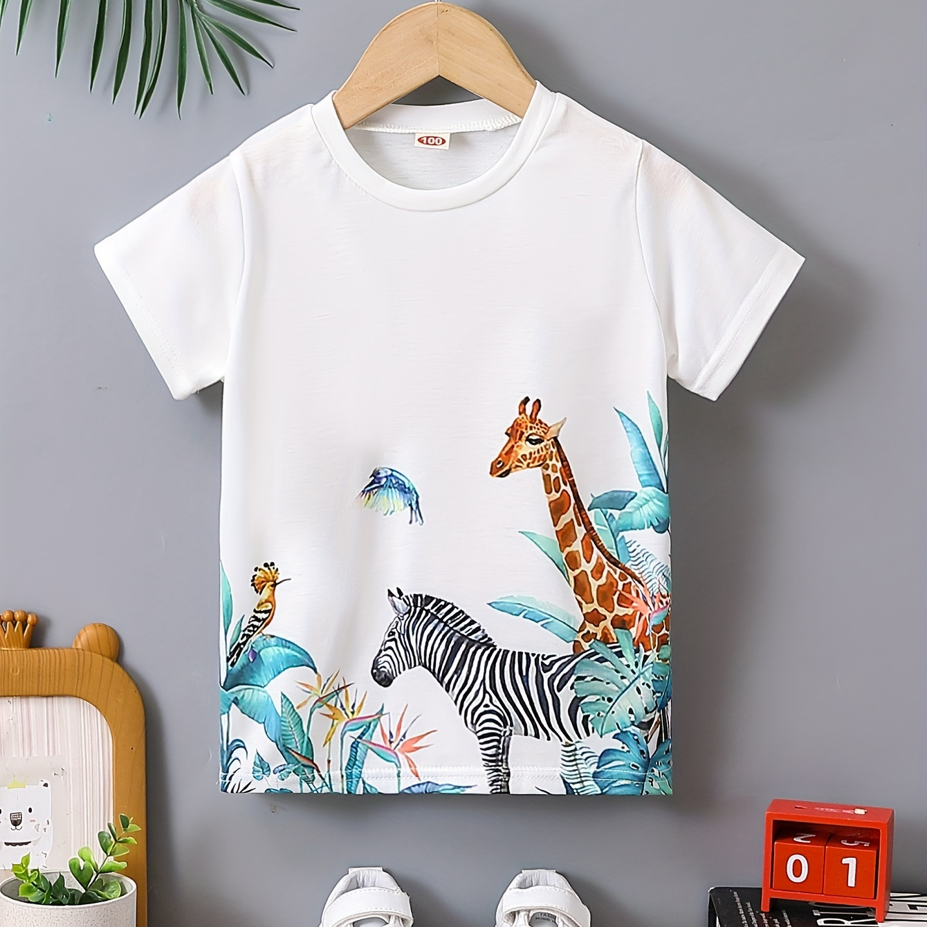 

Zebra And Giraffe Print Boy's Short Sleeve T-shirt Breathable Loose Fitting Round Neck Creative Pattern Casual Top