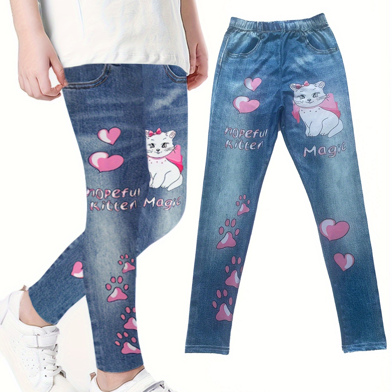 

3d Kitty & Heart Graphic Leggings Faux Denim Print Pants For Spring Fall Gift Girls