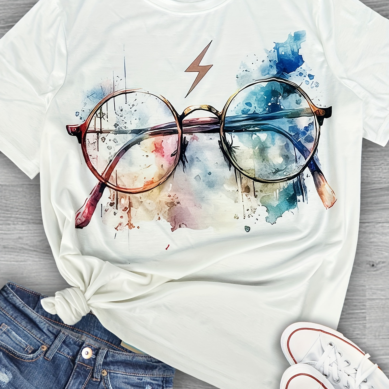 

Plus Size Glasses Print T-shirt, Casual Crew Neck Short Sleeve T-shirt, Women's Plus Size clothing