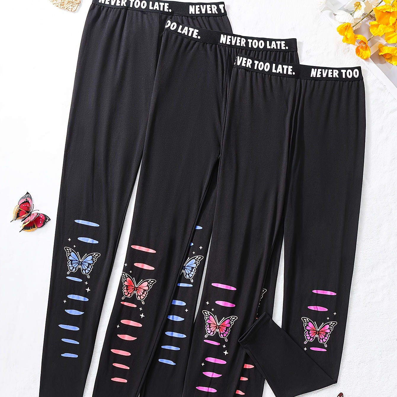 

Girls 3pcs, Casual Ripped Hole Graphic Butterfly Print Leggings Comfy Yoga Pants For Outdoor Sports Running Gift