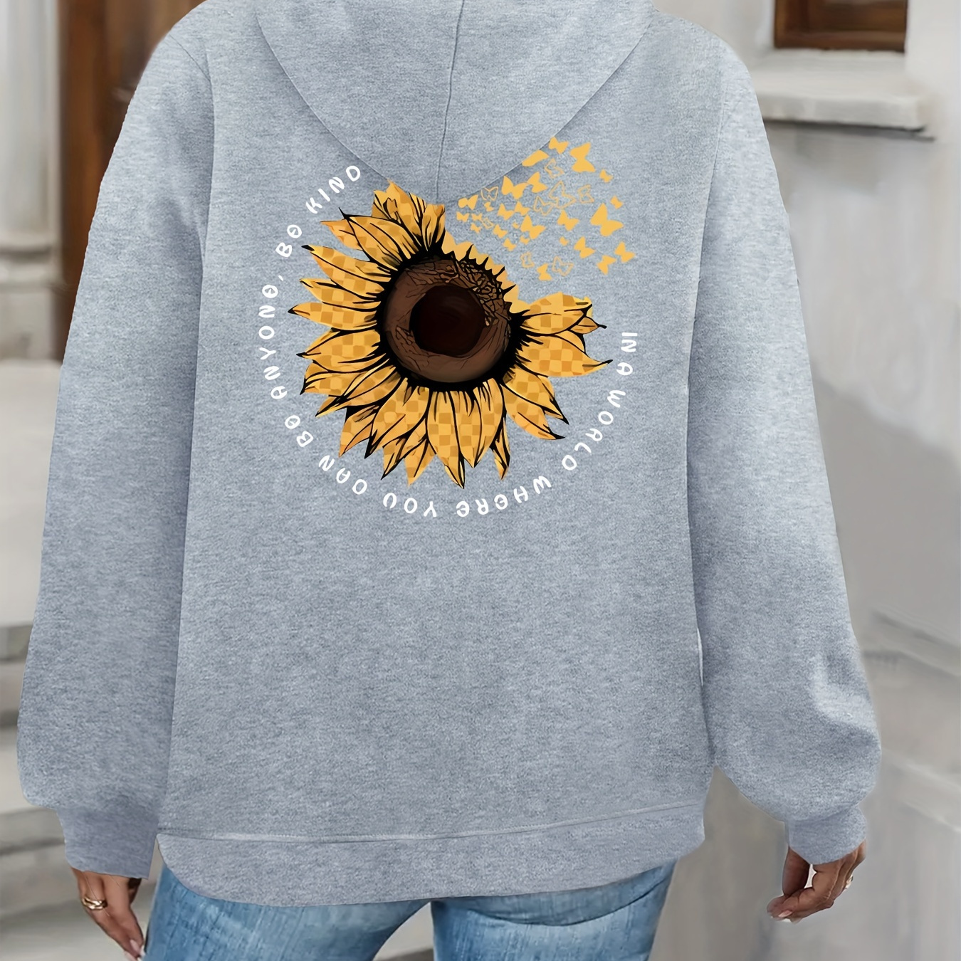 

Sunflower Print Zipper Hoodie, Pocket Drawstring Casual Hooded Sweatshirt For Winter & Fall, Women's Clothing