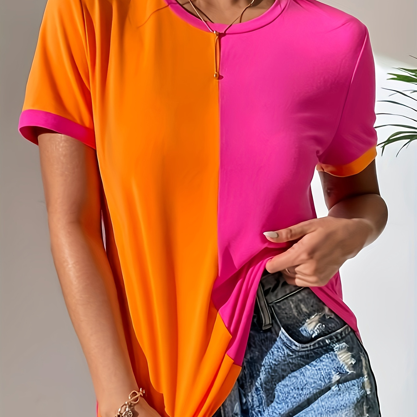 

Color Block Crew Neck T-shirt, Casual Short Sleeve Top For Spring & Summer, Women's Clothing