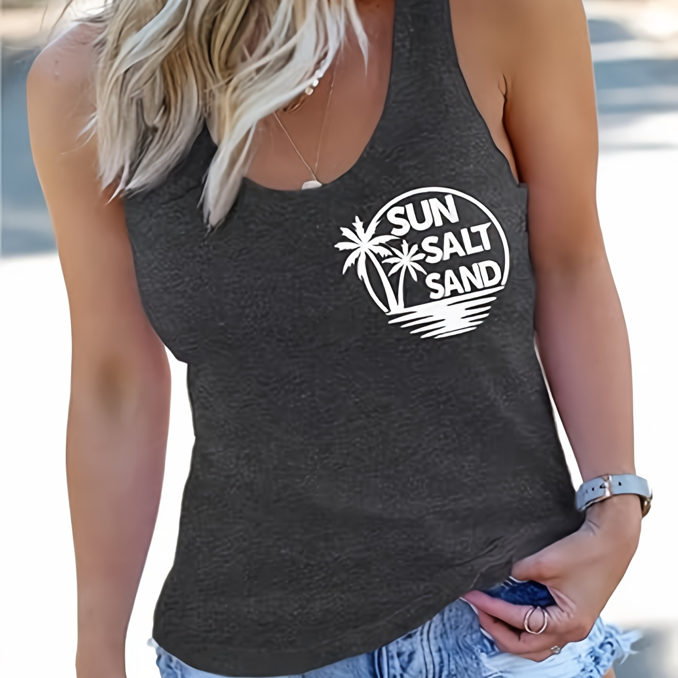 

Letter Print Crew Neck Tank Top, Casual Sleeveless Tank Top For Summer, Women's Clothing