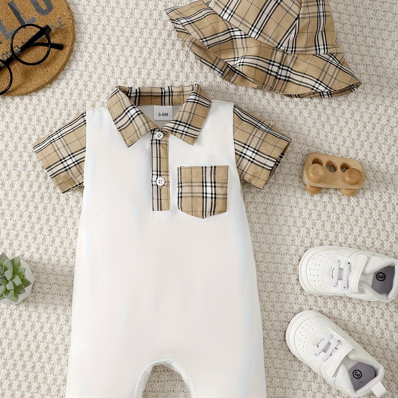 

Baby Boy's Plaid Collar Short Sleeve Romper & Plaid Hat Set, Infants Summer Casual Outfit