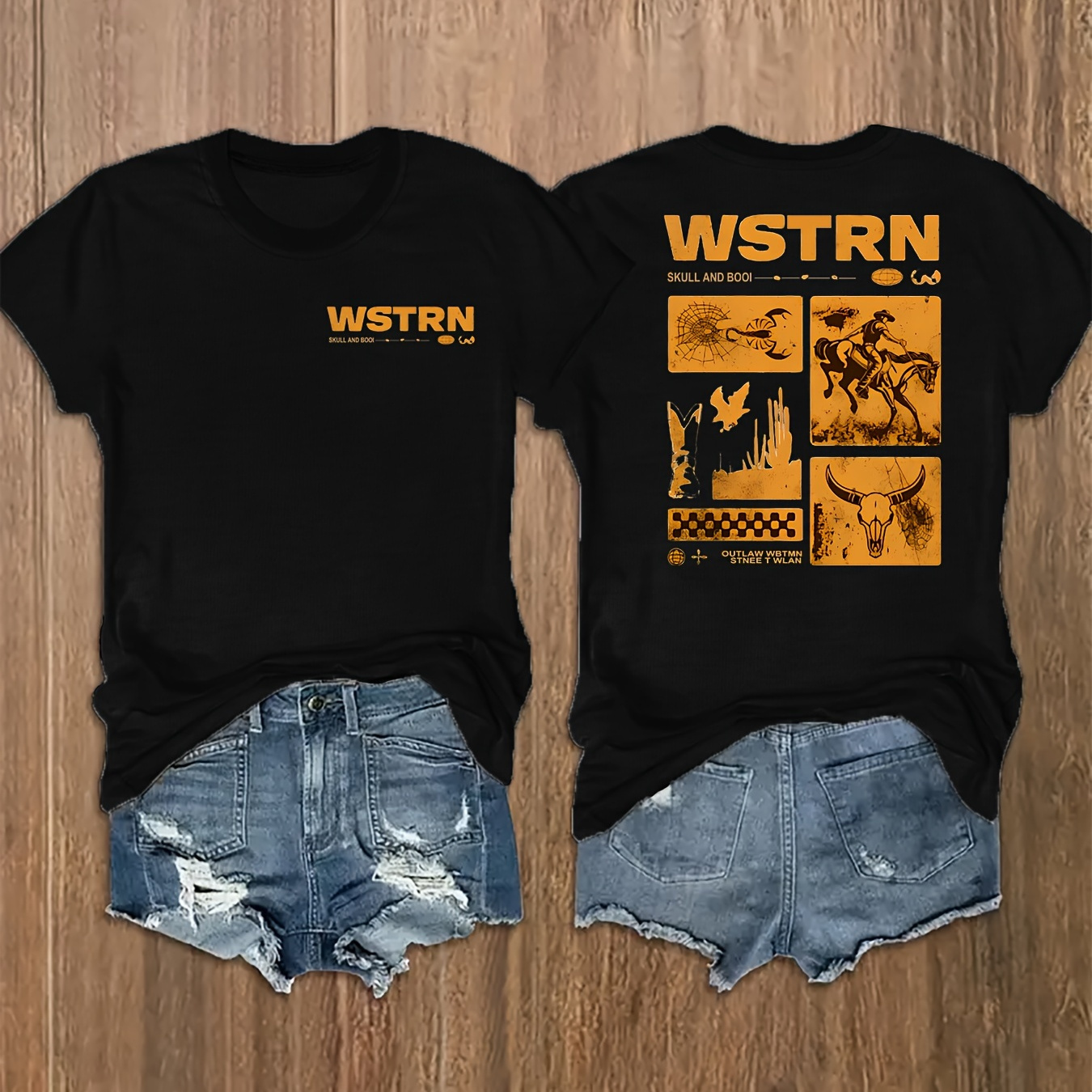 

Western Print Crew Neck T-shirt, Short Sleeve Casual Top For Summer & Spring, Women's Clothing