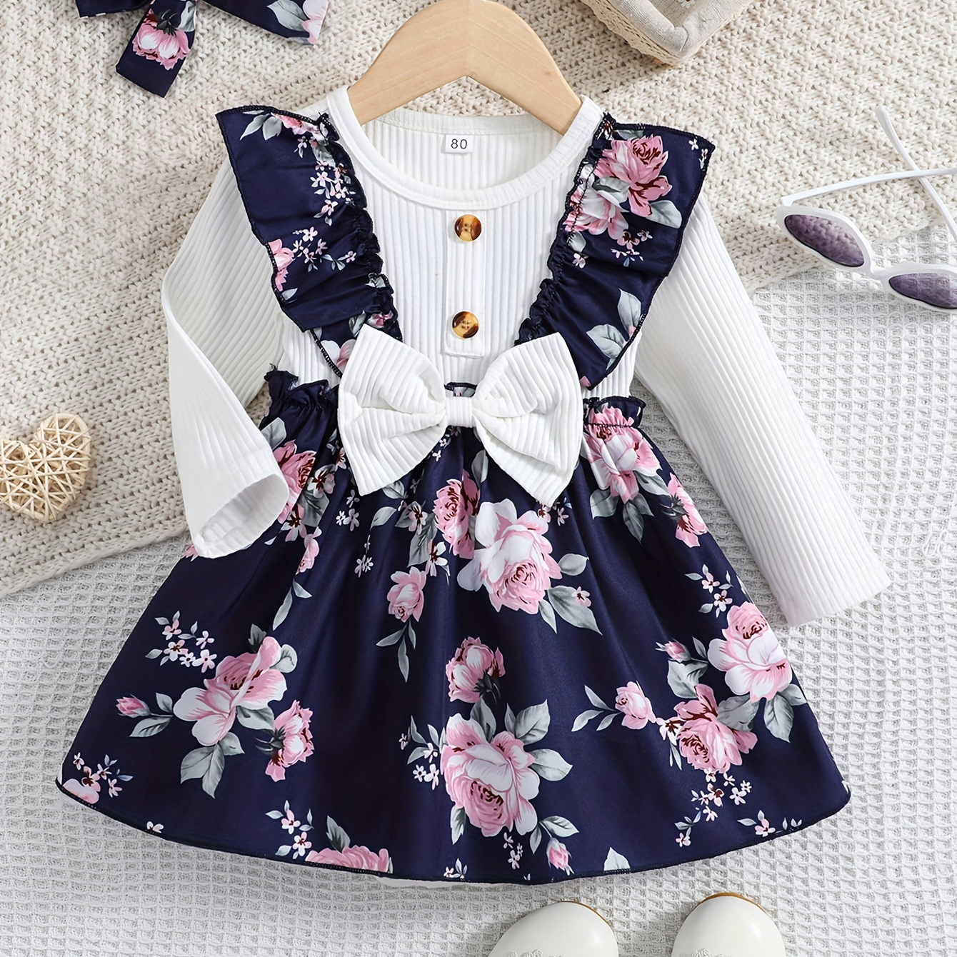 

Ramadan Baby Girls Spring Autumn Flower Pattern Bow Elegant Dress With Headband Set, Ramadan