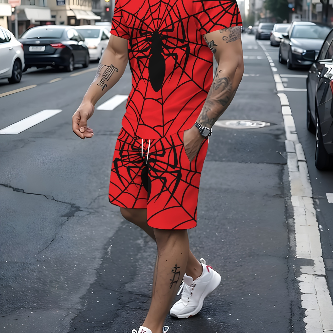 

2-piece Men's Spider Pattern Allover Print Summer Outfit Set, Men's Short Sleeve Crew Neck T-shirt & Drawstring Shorts With Pockets