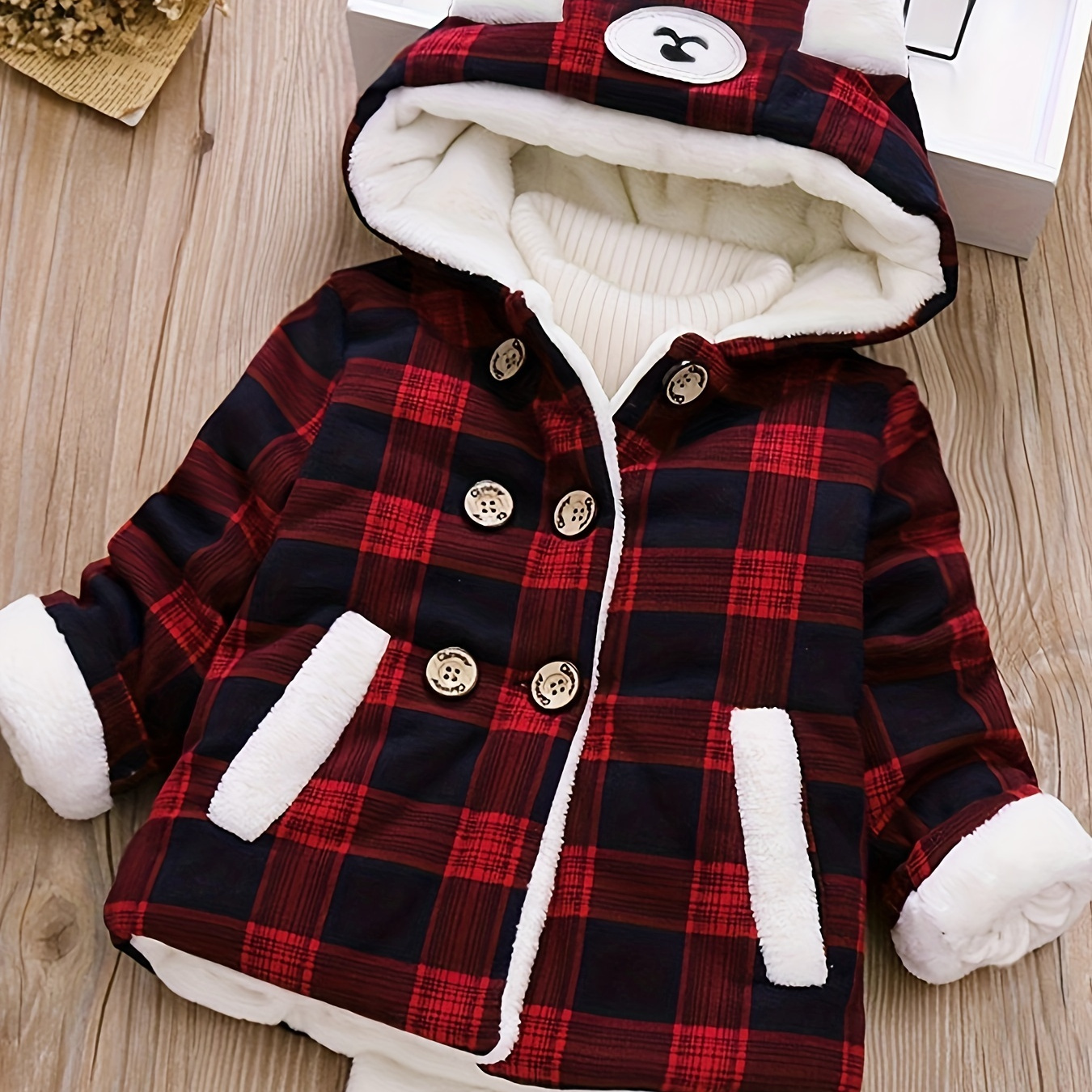 

New Toddler Bay's Stylish Plaid Fleece Thick Hooded Warm Coat, Winter Fall Outdoor Casual Outwear For Boys And Girls