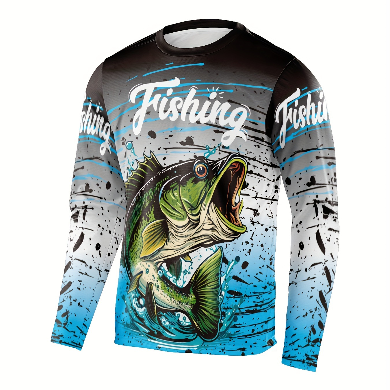 

Men's Fish Print Sun Protection Shirt, Active Long Sleeve Crew Neck Rash Guard For Fishing Hiking Outdoor