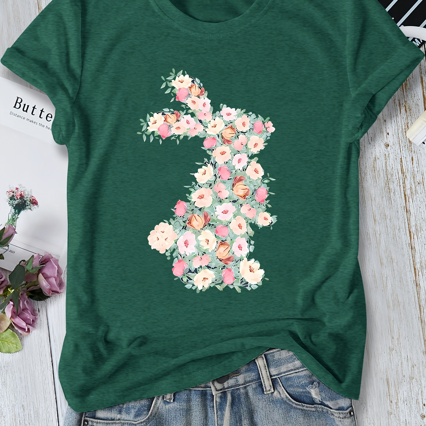 

Women's Easter Floral Bunny Graphic Tee - Vintage-inspired Round Neck Short Sleeve T-shirt, Soft Polyester , Machine Washable - Spring To Autumn, Autumn Casual Shirt| Print Tshirt|stretchable Fabric