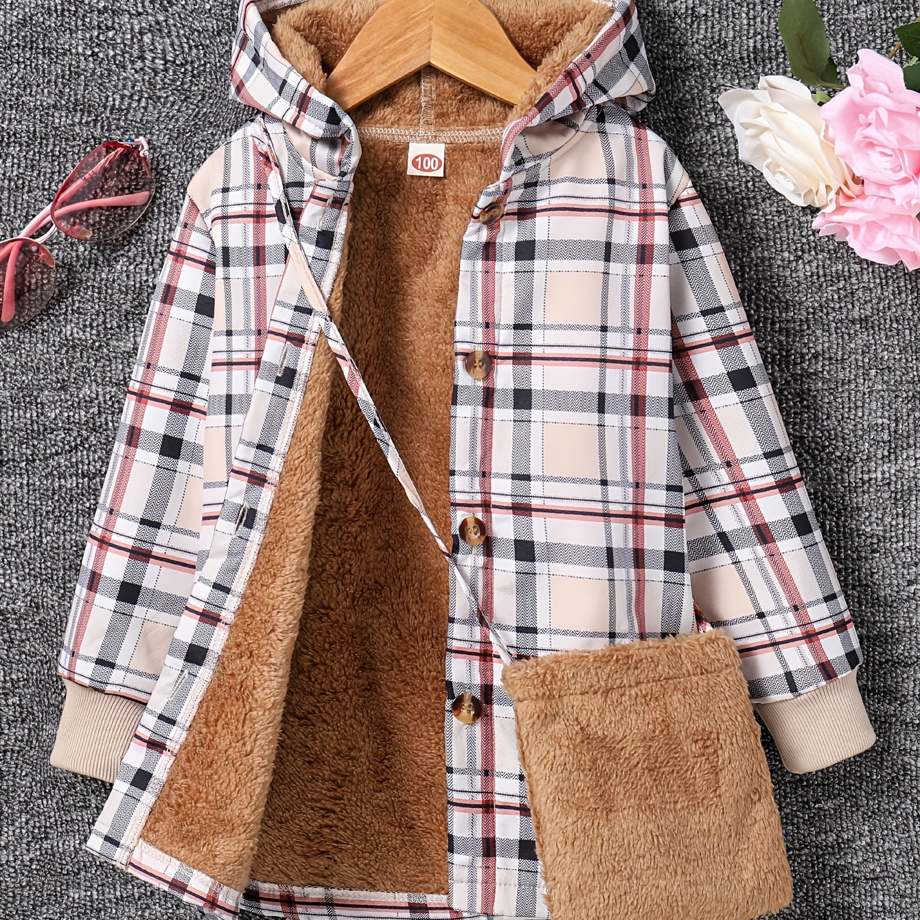 

Girls Plaid Print Fleece Lined Warm Button Hooded Coat, Kids Clothing For Fall/ Winter