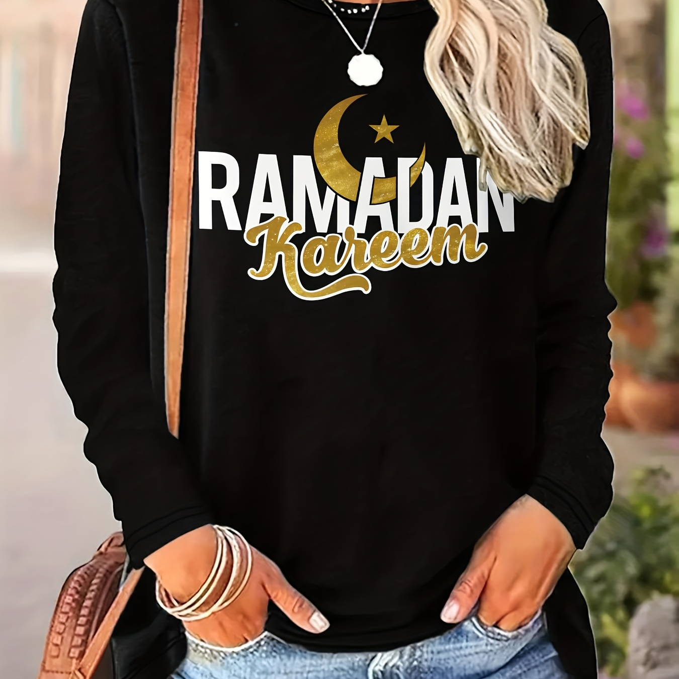 

T-shirt à manches longues avec motif Ramadan , col rond décontracté, haut en polyester avec motif géométrique, pour femmes, printemps/été/automne