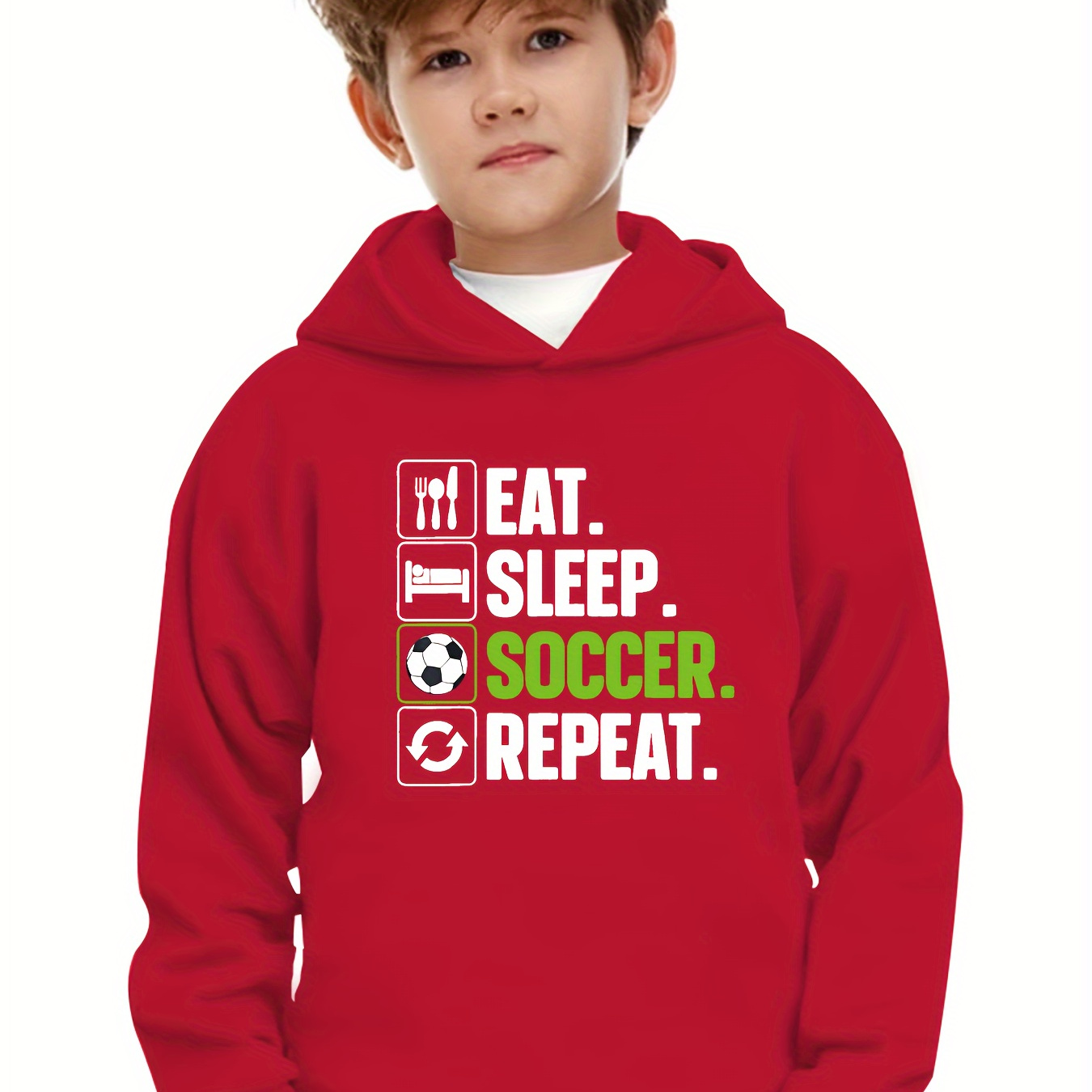 

Trendy Eat Sleep Soccer Repeat Letter Print Hoodies For Boys - Casual Graphic Design With Stretch Fabric For Comfortable Autumn/winter Wear