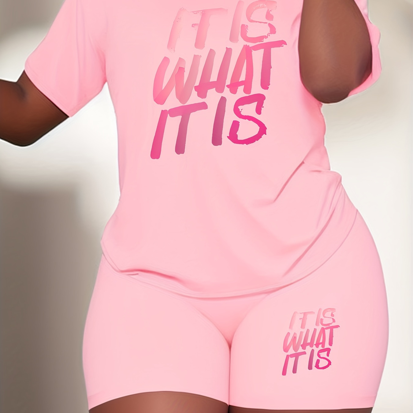 

"it Is What It Is" Pinkish T-shirt & Shorts Plus Size Sporty Set, Casual Lounge Wear, Summer Outfit, Women's Comfort Fit,streetwear Fashion, Matching Set For Home & Outdoors