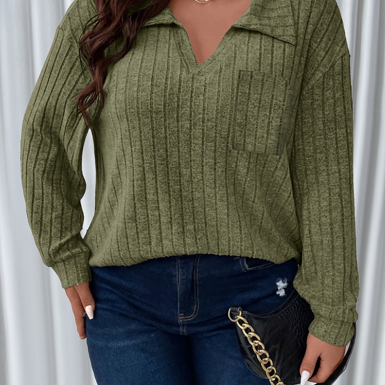 

Plus Size Ribbed Solid Pocket T-shirt, Casual Collared Long Sleeve T-shirt, Women's Plus Size clothing