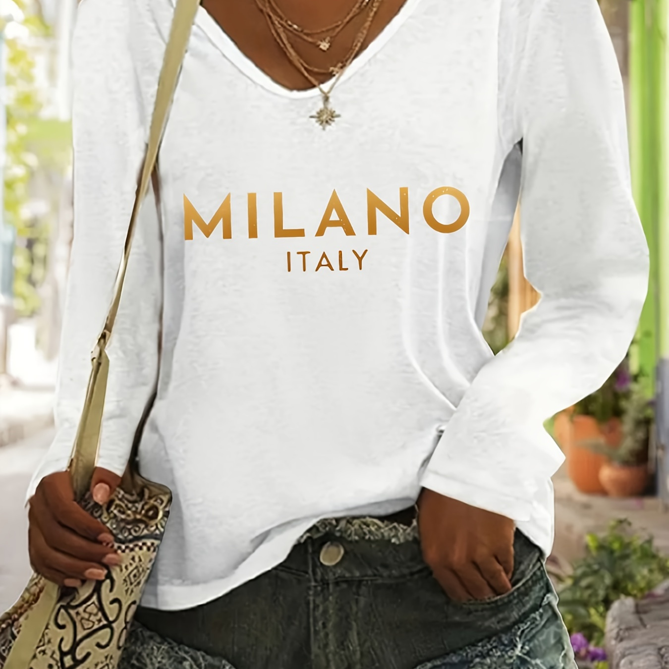 

Milano Print T-shirt, Long Sleeve V Neck Casual Top For Spring & Fall, Women's Clothing