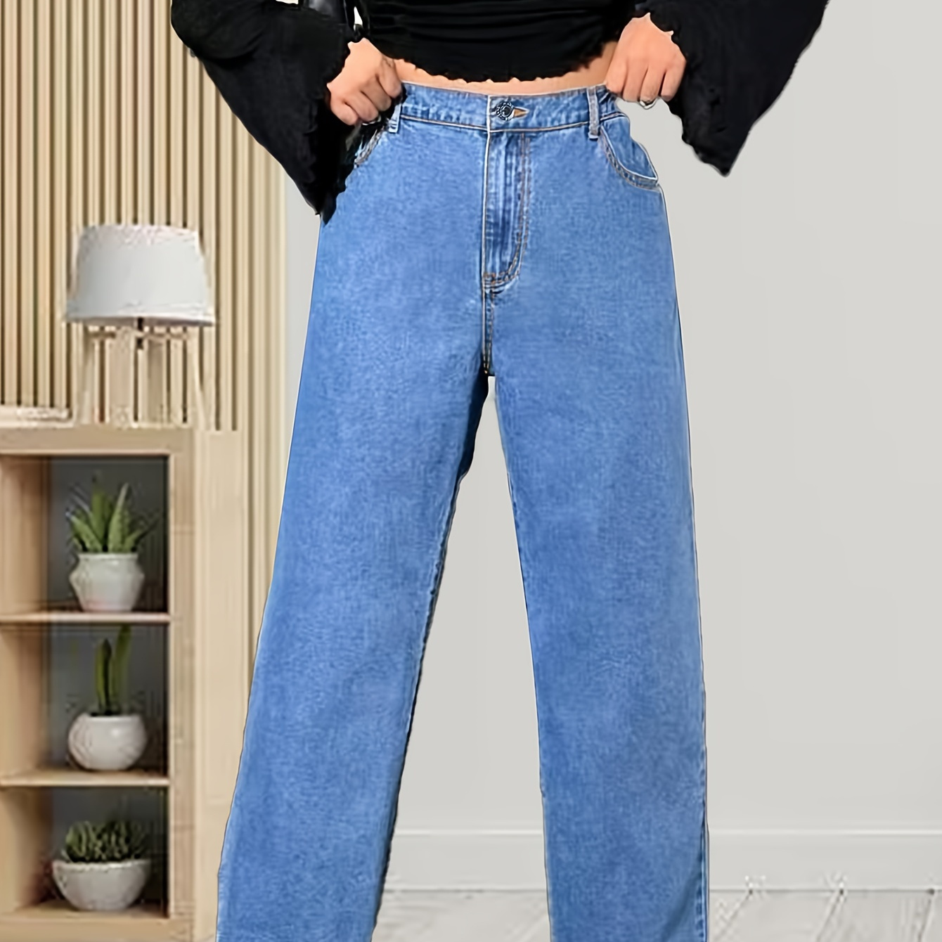 

Plus Size Casual Jeans, Women's Plus Solid Button Fly High Rise Loose Fit Straight Leg Jeans