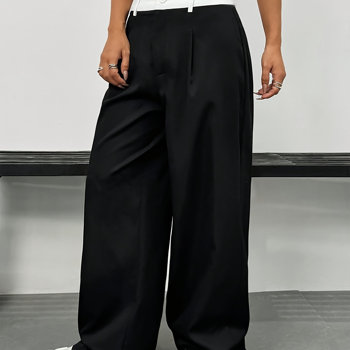 

Color Block Wide Leg Pants, Casual & Versatile High Waist Pants For Spring & Summer, Women's Clothing