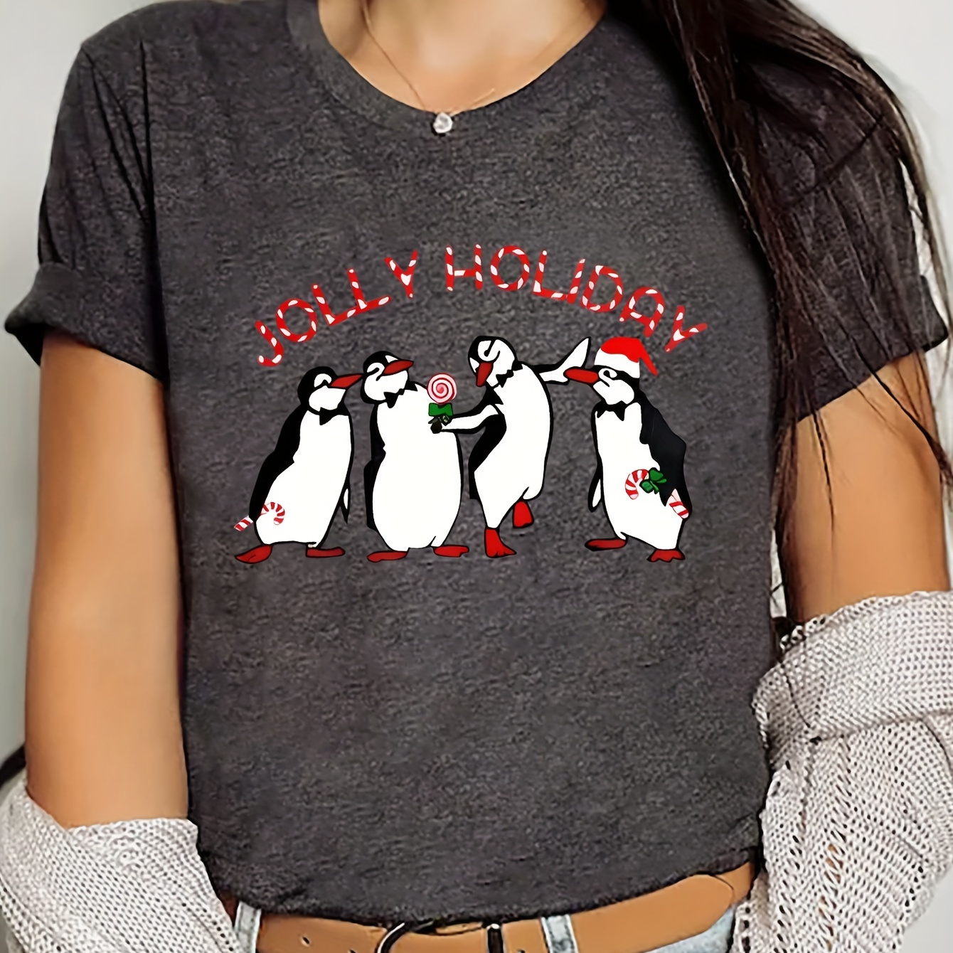 

Christmas Penguin Lettering Print Women's T-shirt, , Polyester Knit Fabric, Comfortable Round Neck Short Sleeve Top For Sports And Running