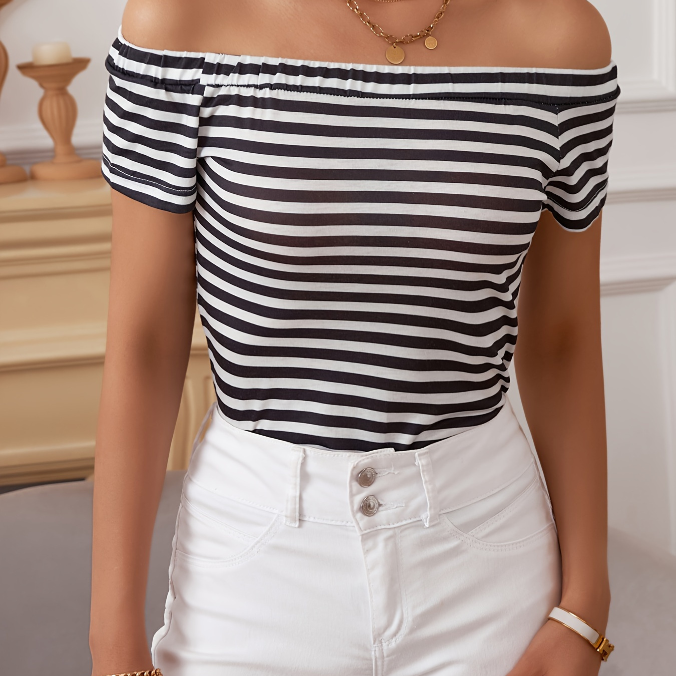 

Off Shoulder Striped Blouse, Casual Short Sleeve Summer Blouse, Women's Clothing