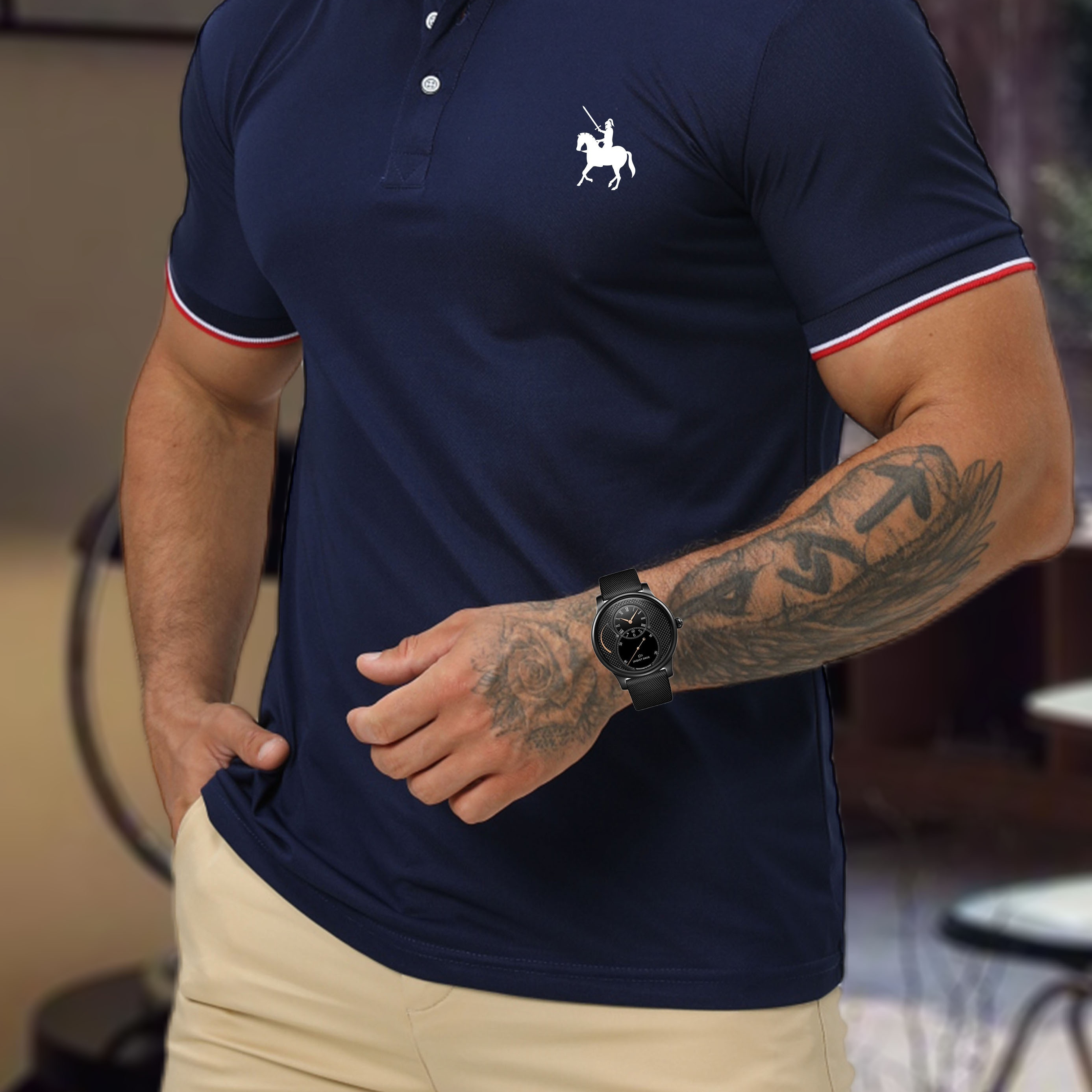 

Roman Knight Print Casual Slightly Stretch Button Up Short Sleeve Polo Shirt, Men's Polo For Summer