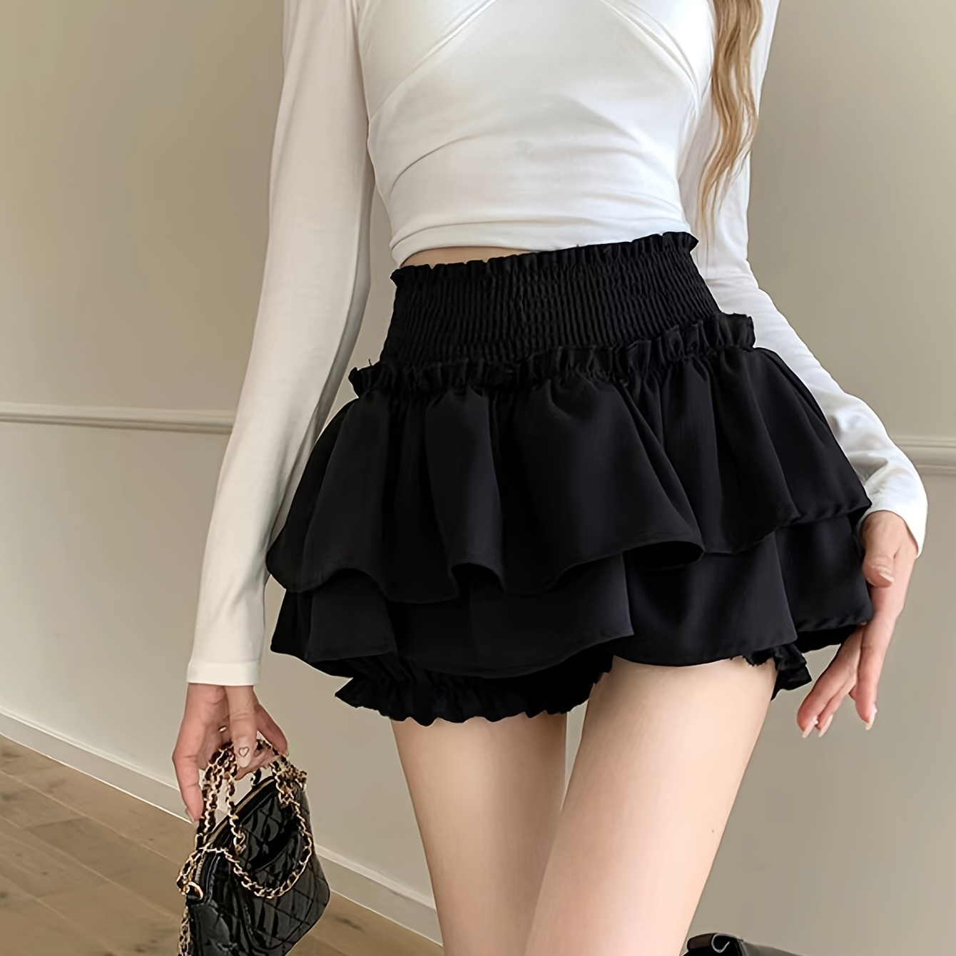 

Shirred High Waist Tiered Mini Skirt, Chic Solid Color Flare Skirt For Spring & Summer, Women's Clothing