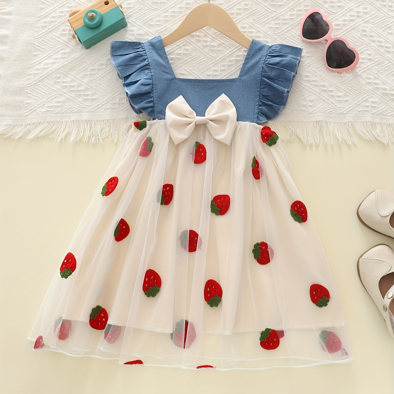 

Sweet Strawberry Mesh Stitching Gauze Dress For Girls Vacation Casual Dresses, Summer Clothing Gift