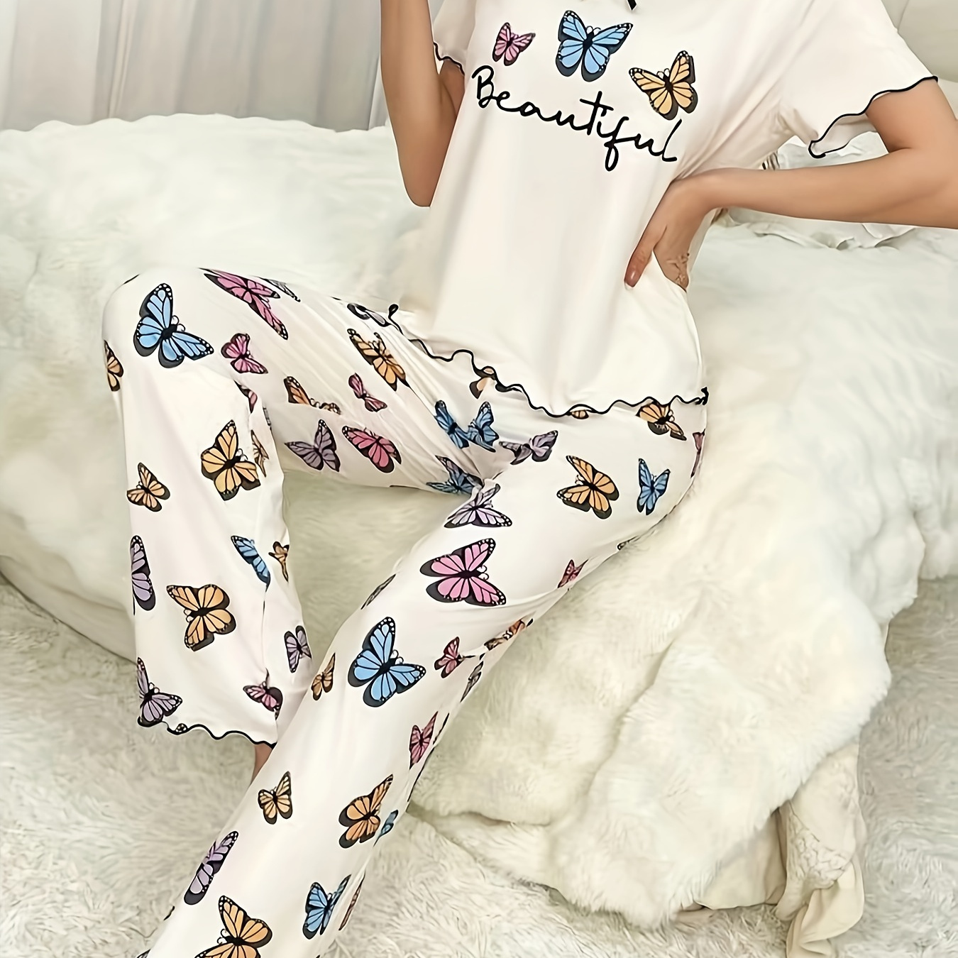 

Women's Butterfly & Letter Print Casual Frill Trim Lounge Set, Short Sleeve Round Neck Top & Pants, Comfortable Relaxed Fit