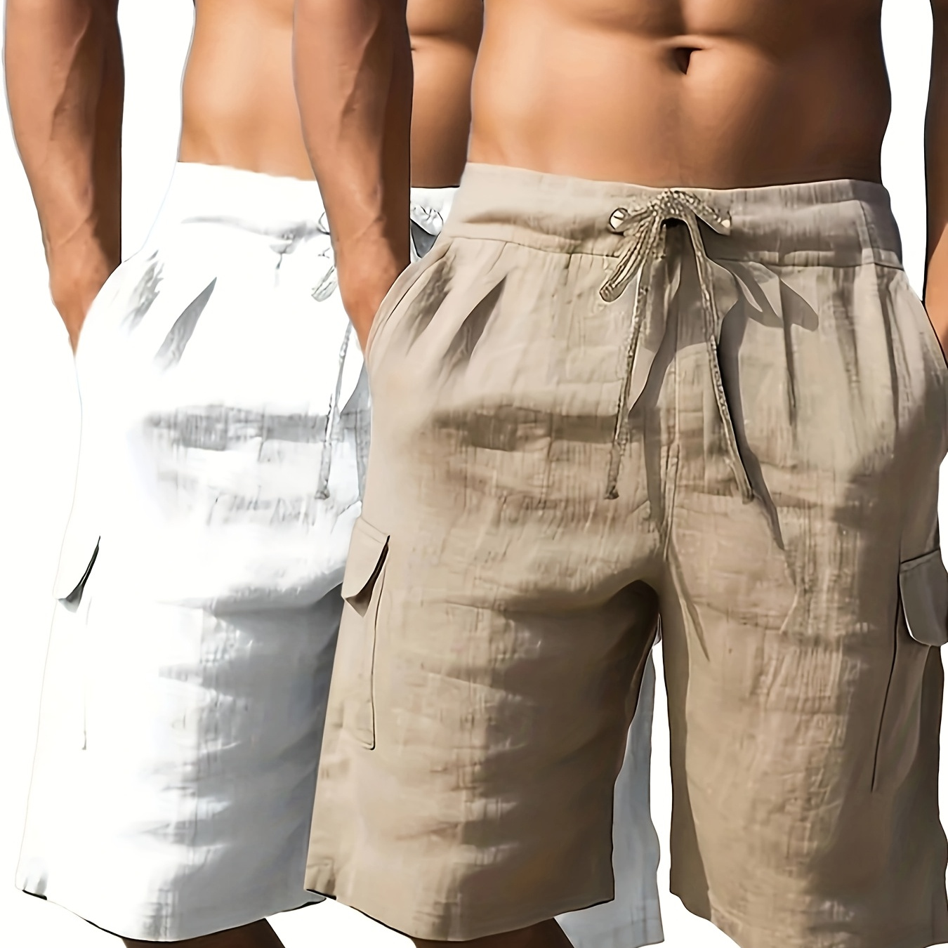 

2pcs Men' Cotton- Multi-pocket Cargo Shorts, Breathable Waist Drawstring Shorts For Outdoor Leisure Activities