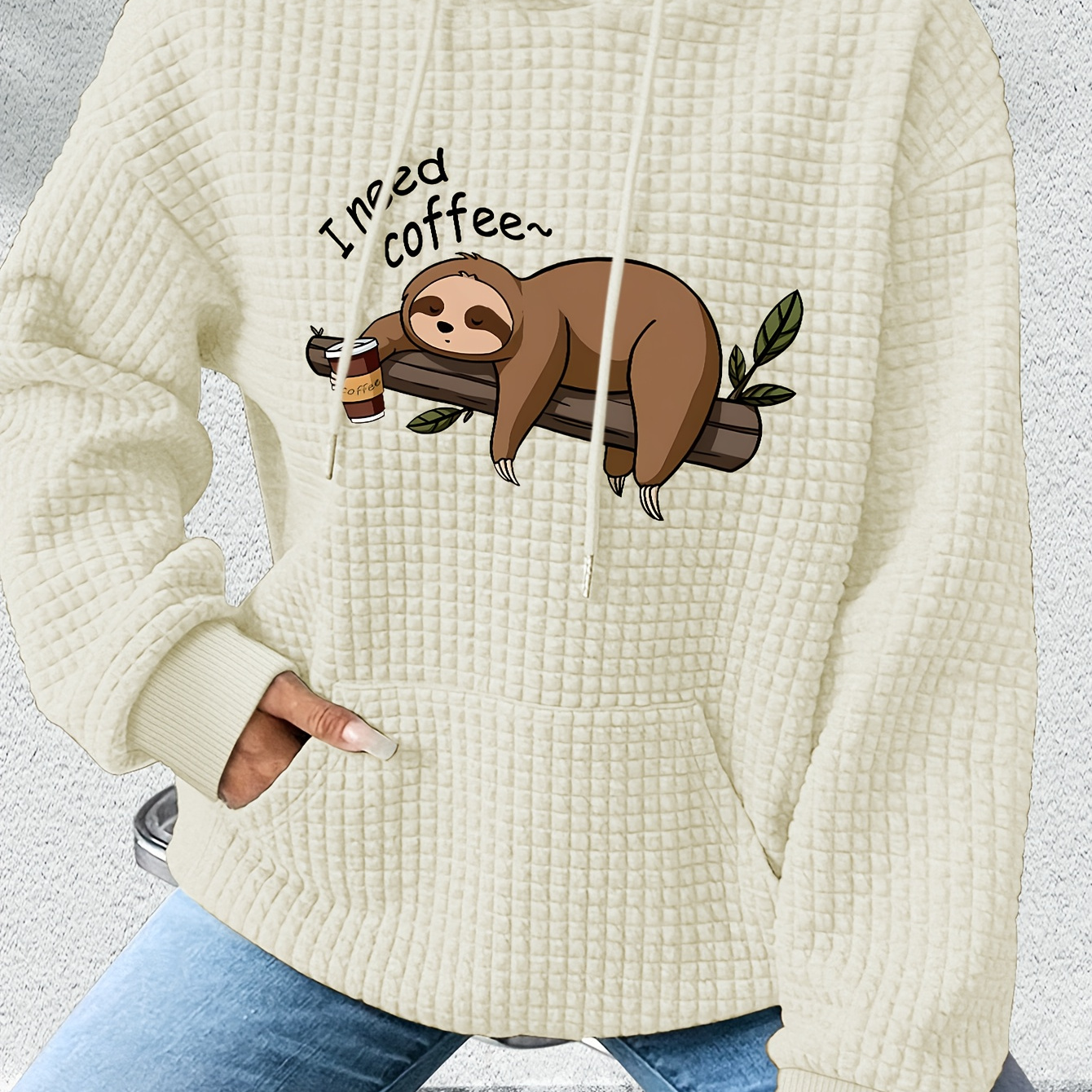 

Women's Cozy Sloth Graphic Waffle Hoodie - Cream-colored, Drawstring, Kangaroo Pocket, Polyester & Spandex , Casual Fall/winter Sweatshirt