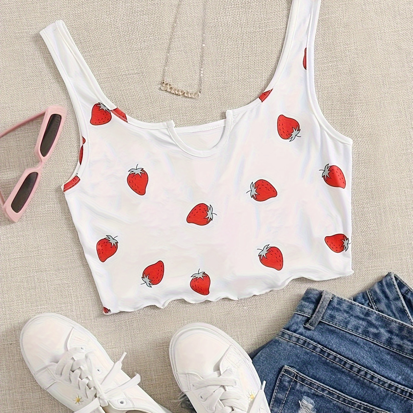

Strawberry Print Notched Neck Tank Top, Casual Sleeveless Tank Top For Summer, Women's Clothing