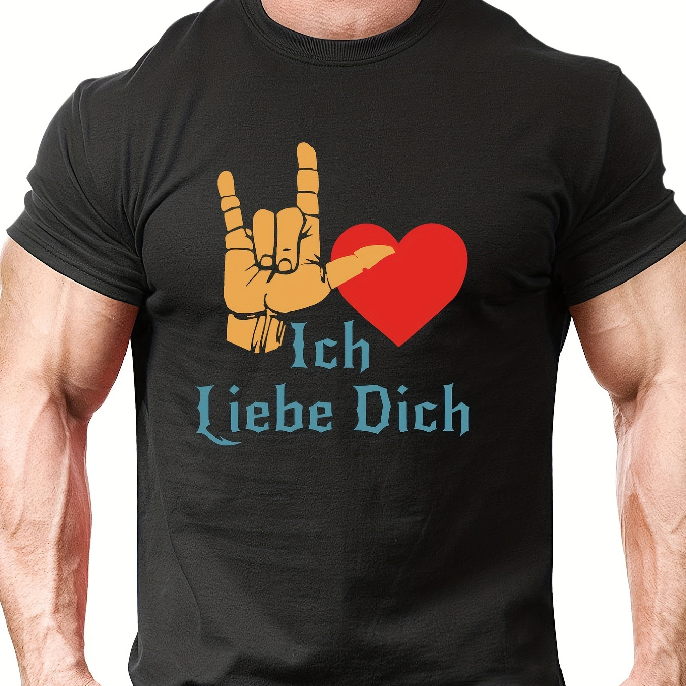 

i Love You" German Letter Print, Men's Casual Mid Stretch Crew Neck Graphic Tee, Male Clothes For Summer