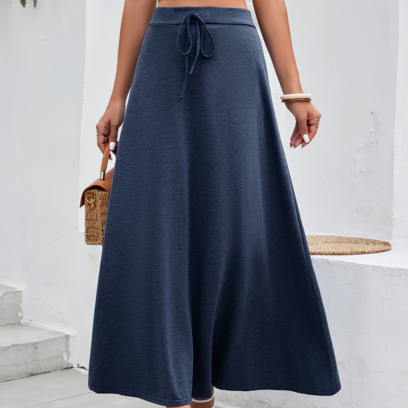 

Solid Tied High Waist Skirt, Elegant Loose Maxi Skirt, Women's Clothing