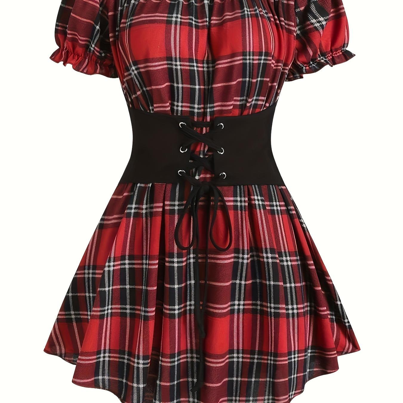 

Robe corset à carreaux à épaules dénudées pour femmes, en tissu tricoté polyester, avec détail de laçage à la taille, pour un style bandeau à carreaux toutes .