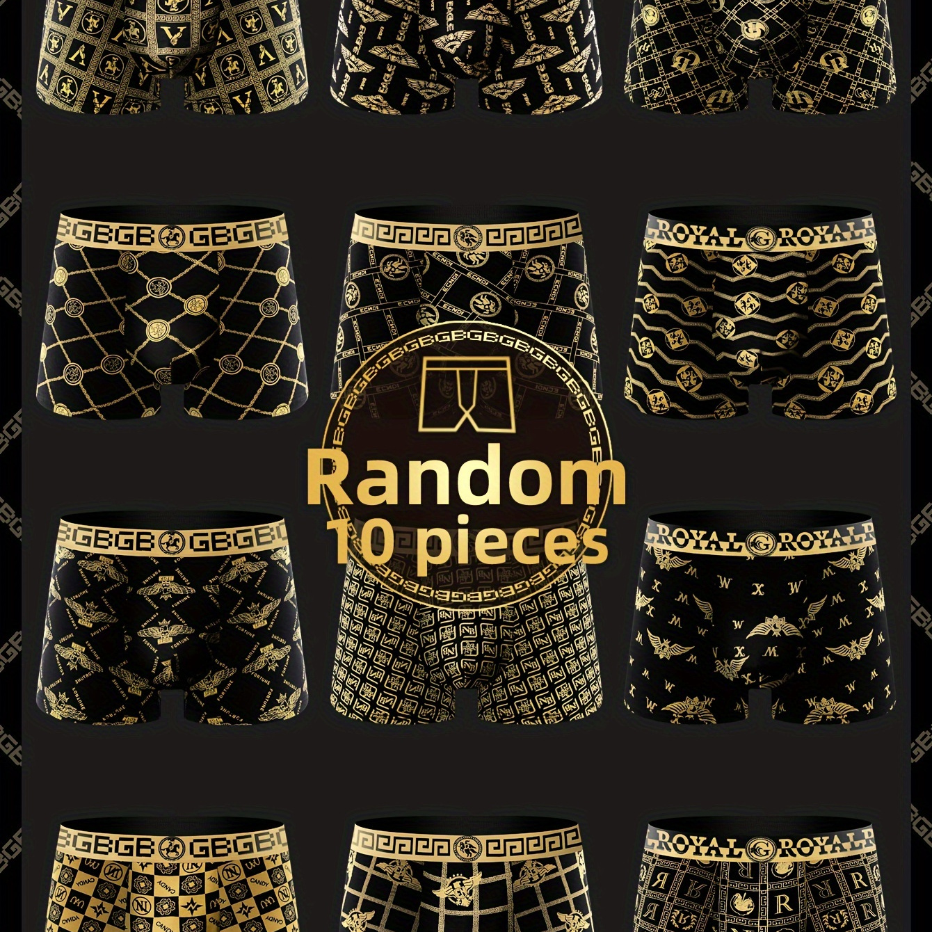 

10pcs Men's & Golden Boxer Briefs - Breathable, Stretchy Polyester , Mid-waist, Fashion Printed Underwear