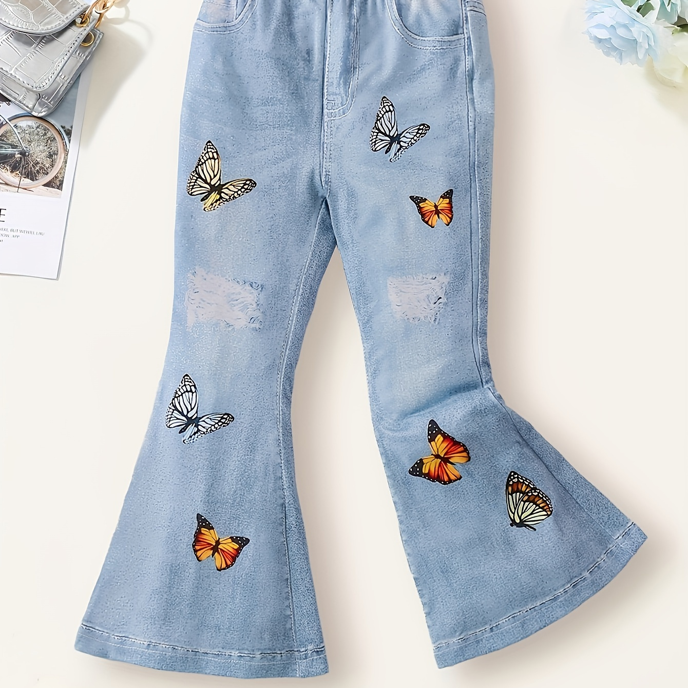 

Cute Girls Bell-bottom Butterfly & Imitation Denim Digital Print Stretchy Slim Fit Casual Flare Leg Pants (not Jeans)