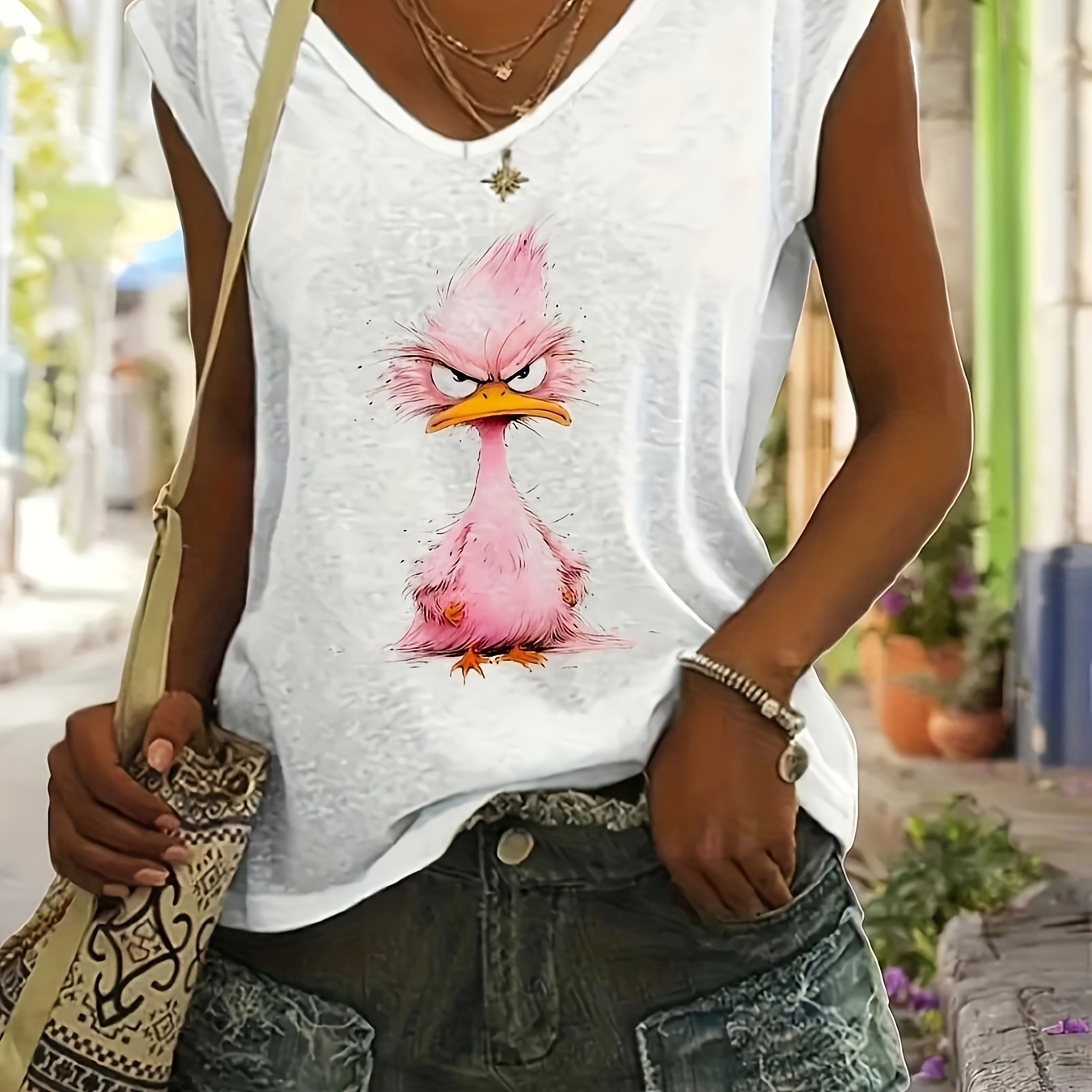 

Animal Print V Neck T-shirt, Casual Cap Sleeve T-shirt For Spring & Summer, Women's Clothing